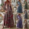 Vestido de Vacaciones Estilo Bohemio Transfronterizo Europeo y Americano 2023 Manga Trompeta Estampado Cuello en V Cintura Alta Falda Larga Floral para Mujer