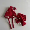 Gorro de Tricô Red Velvet para Homens, Mulheres e Crianças, Conjunto de Gorro de Tricô com Abas de Orelha e Cachecol de Inverno, Gorro Quente e Fofo para Bebê