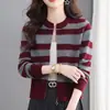 Otoño/Invierno 2026 Ropa de Madre Suéter Rayado para Mujer Cuello Redondo Holgado Cardigan Corto con Cremallera Prendas de Punto Prendas de Abrigo Top