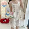 Pijama de Algodón Nube para Mujer, Estilo Delgado de Verano con Almohadillas en el Pecho, Conjunto de Camisola y Shorts, Dulce Dibujo Animado Casual para Niña