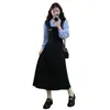 Nuevo Vestido de Patchwork Estilo Universitario con Cuello Polo, Bloques de Color y Mangas Abullonadas para Mujer, Primavera y Otoño, Diseño de Dos Piezas, Vestido Largo Línea A que Disimula el Vientre