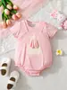 Macacão de Bebê Rosa Listrado para Meninas, Macacão Falso de Duas Peças com Coelhinho, Roupinha Triangular para Engatinhar de Recém-Nascido - Hot-Selling de Páscoa
