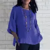 2023 Verão Transfronteiriço Novo Amazon wish Europeu e Americano Manga Sete Gola Redonda Cor Sólida Algodão e Linho Camisa Top Casual