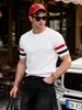 Estilo Perezoso Verano Retro Americano Bloques de Color Rayas Manga Corta Cuello Redondo Jersey de Punto Holgado Casual para Hombres y Mujeres