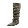 Botas de cuero de tacón alto para mujer con punta fina para verano, apilables con hebilla de cinturón, botas de caballero hasta la mitad de la pantorrilla, botas apiladas, botas de caballero vintage, efecto adelgazante