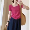 Estilo Casual Gola Quadrada Cordão Mangas Curtas em Ambos os Lados Verão 2025 Novo Estilo Coreano Casual Elegante Cor Lisa Camiseta Top