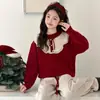 Suéter Infantil 2025 Inverno Novo Estilo Meninas Espessado Vermelho Festivo Roupa de Ano Novo Pulôver Malha Tendência