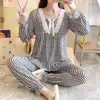Pijama Feminino de Verão Novo da Fábrica Conjunto de Roupas para Casa com Calça de Manga Longa em Seda de Leite Estampa de Desenho Animado Gola Quadrada Renda