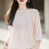 Tejido de Punto Estilo Casual 2026 Verano Nuevo Estilo Manga Tres Cuartos Suelto Adelgazante Top Camiseta sin Costuras de una Sola Línea para Mujer