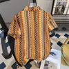 Camisa Retro de Estilo Étnico Calada Tejida con Cuello Cubano para Hombre, Camisa de Verano de Manga Corta con Diseño de Color Contrastante, Camisa Trendy de Manga Corta
