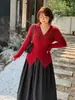 Suéter Inno para Mujer Tallas Grandes Estilo Francés Cuello en V Cruzado Invierno Rojo Estilo Año Nuevo Ajustado Camisa Base 433916