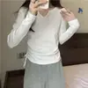 Ropa de Otoño para Mujer Estilo Coreano Manga Larga Cuello en V Cordón Adelgazante 2026 Color Sólido Versátil Camiseta Talla Grande Capa Base Superior Mujer
