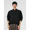 Sudadera Henley Negra Desestructurada de Hombro Regular para Hombre Primavera Holgada Manga Larga Camiseta Americana de Peso Pesado Top Adelgazante