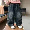 Jeans de Mezclilla para Niños de Primavera y Otoño Estilo Coreano Pantalones Cargo Casuales Sueltos Elegantes para Niños Pantalones de Otoño para Bebé Comercio Exterior