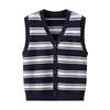 2026 Novo Colete Tricotado Color Block Listrado Gola V Estilo Universitário Coreano para Mulheres, Top Camada Sem Mangas