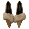 Primer Encuentro con Zapatos Peludos de Tacón Medio para Mujer, Ropa de Invierno para Exteriores, Combinados con Faldas, Tacón Grueso Estilo Francés, Zapatos de Punta Finos Forrados de Polar para Mujer, Cálidos y Adecuados para el Trabajo
