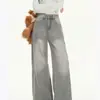 Jeans Versátil Lavado com Textura Vintage para o Dia a Dia de Cintura Alta Cor Cinza Mocha Estiloso Slim Fit Calças Wide-Leg