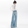 Jeans con Costura Rota y Abertura para Mujer Azul Recto Lavado Otoño Suelto Pierna Ancha Micro Pantalones Casuales