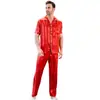 Pijamas Transfronterizos para Hombre Verano Manga Corta Largo Delgado Traje de Seda Cárdigan Rojo Seda Artificial Ropa de Casa para Hombre