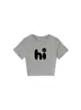 Camiseta Cinza de Verão Novo Estilo com Gola Redonda e Manga Curta para Mulheres com Estampa da Letra 'Hi', Top Versátil e Emagrecedor