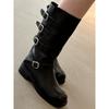 Versión de Piel de Vaca ~ Hebilla de Cinturón Piel Genuina Botas Negras para Mujer, Cuadrado de Dos Usos Punta Cuadrada Botas de Media Caña Suela Gruesa Botas de Jinete Ajustadas