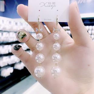 Personalidade coreana novo estilo moderno rede vermelha sentimento cristal arco pérola orelha gancho moda all-match brincos brincos para mulheres 韩国个性新款潮网红感水晶蝴蝶结珍珠耳钩时尚百搭耳环耳饰女
