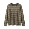 Blusa de tricô listrada com blocos de cor em estilo retrô japonês, gola redonda, manga longa, para mulheres, atmosfera de início de outono, camisa base texturizada multicolorida