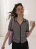 Cardigã de malha cinza estilo coreano, de manga curta, com gola polo para mulheres, top de verão extremamente estiloso e único