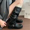 Botas altas apiladas para mujer con hebilla de cinturón estilo coreano, nuevas botas de caballero vintage otoño 2026, botas de moda de punta redonda y tacón plano