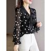 Camisa de lunares para mujer, primavera 2025, nuevo estilo, hermosa camisa de gasa que cubre el vientre, camisa con volantes, camisa elegante.