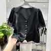 Camisa Corta de Cuello en V Estilo Francés, Nueva Moda 2026 Blusa Chic de Acetato de Manga Corta, Top tipo Cárdigan Estilo Chanel
