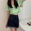 Camiseta de Punto de Moda Fina de Verano para Mujer de Manga Corta a Rayas, Nuevo Estilo Chica Caliente, Corta con Ombligo Descubierto, Cuello Cuadrado con Clavícula Descubierta