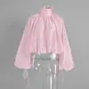 Camisa de Cuello Alto de Manga Larga Transfronteriza, Estilo Europeo y Americano, Nuevo Modelo Primavera/Verano 2026, Mangas de Farol Semitransparentes, Camisa de Cuello Alto con Pliegues en Forma de Brote