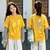 Camiseta de manga larga para niña de primavera y otoño, nuevo estilo 2026, prenda básica de moda para niños mayores, algodón puro, cuello redondo, top tipo dos piezas