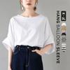 Japonés y Coreano en stock Nuevo Producto 2024 Verano Japonés Color Sólido Cuello Redondo Pulóver Manga Campana Top Camiseta para Mujer