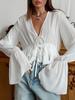 Camisa de Chifón Blanco Estilo Francés para Mujer Verano Elegante Combinable Suelta Manga Trompeta Cuello en V Top con Cordones Ropa de Mujer Transfronteriza