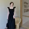 2023 verão novo estilo francês elegante pequeno manga voadora plissado vestido cintura hepburn estilo colarinho quadrado chá break vestido midi