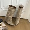 Botas de Tacón Cuña Punta Fina Estampado de Leopardo 2025 Nuevas Retro Sexy Hebilla de Cinturón Ajustada Botas de Media Pantorrilla Botas para Mujer