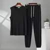 Nuevo pijama de chaleco modal para hombre, verano, corte holgado, con cordones, pantalones jogger casuales sin mangas, apto para usar en casa