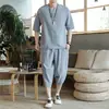 Traje de camiseta de manga corta de algodón y lino Conjunto de dos piezas de lino de verano Estilo japonés retro estilo chino de moda Marca Pantalones cortos holgados recortados