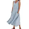 Vestido Casual de Verão Amazon Transfronteiriço Gola Redonda com Bolso Sem Mangas Emagrecedor Feminino de Algodão e Linho Vestido Regata Longo para Mulheres