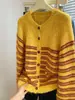 Suéter Retro Listrado de Meio Colarinho Aberto Pulôver Feminino Outono e Inverno Estilo Preguiçoso Solto Tricô