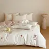 Juego de Cuatro Piezas de Satén de Algodón de Fibra Larga de Alto Hilo, Lujo Ligero, Ropa de Cama de Algodón Puro de Alta Calidad, Tres Fundas de Edredón, Sábana Ajustable 4