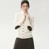 Novo suéter de cashmere feminino para outono e inverno, gola alta, espesso, de botão único, trançado, com design de patch joint, estilo cardigã