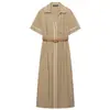 Moda europea y americana transfronteriza para mujer, popular en AliExpress, elegante vestido midi con cinturón y detalles de color contrastante