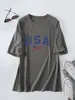 Amazon eBay Estação Independente Moda Casual Feminina Bandeira Azul com Letras EUA Solta Tamanho Grande Manga Curta Camiseta Camada Base