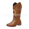 Botas de Caballero Altas Bordadas con Girasol Vintage para Mujer, Estilo Europeo y Americano, Punta Redonda, Tacón Grueso, Botas Largas