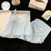 Nova Camisola de Algodão Nuvem com Sutiã Embutido Conjunto de Pijama Duas Peças Shorts Simples de Verão Roupa de Dormir Respirável
