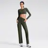 Top de Yoga de Manga Larga con Almohadillas en el Pecho, Sensación de Segunda Piel; Pantalones de Pierna Ancha de Cintura Alta, Pantalones Deportivos Casuales de Pierna Recta; Conjunto de Ropa de Yoga para Mujer
