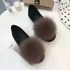 Pantuflas de Piel de Zorro para Mujer Primavera y Otoño, Sandalias Peludas, Zapatos de Moda Slip-On Estilo Europeo y Americano para Mujer